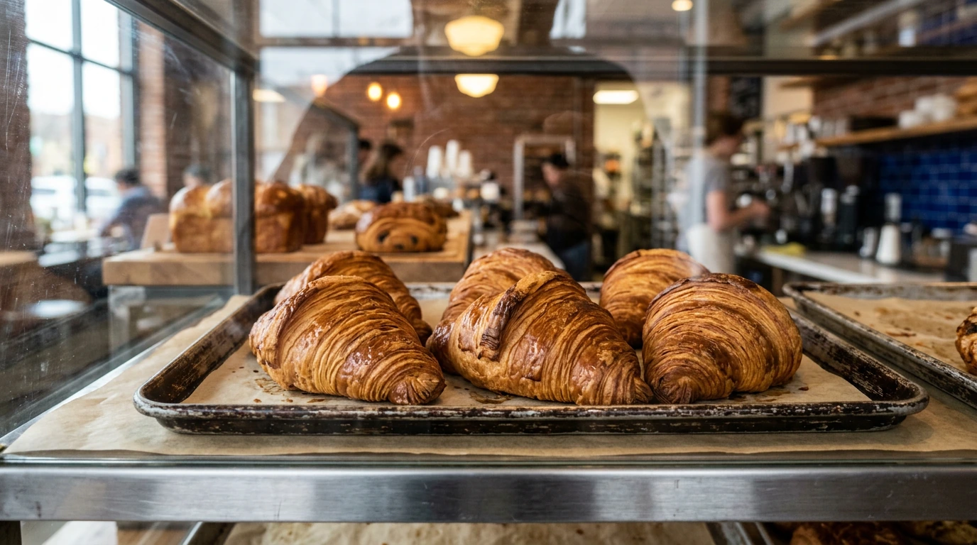 Golden butter croissant in a bakery pastry case
