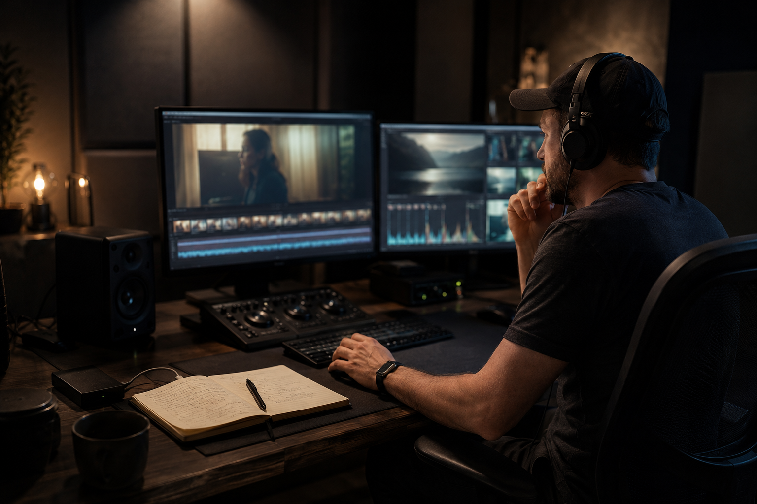 Editor working at a professional post-production workstation inside a dark edit suite
