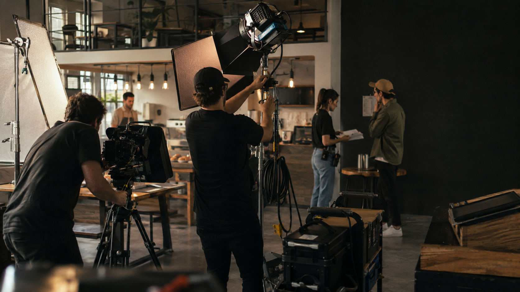 Small professional film crew working around a cinema camera and lighting setup