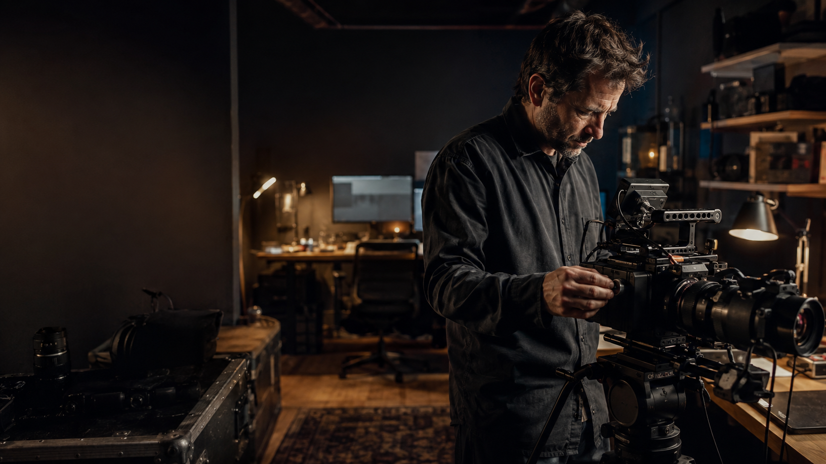 Independent filmmaker working beside cinema camera equipment inside a production and post-production studio