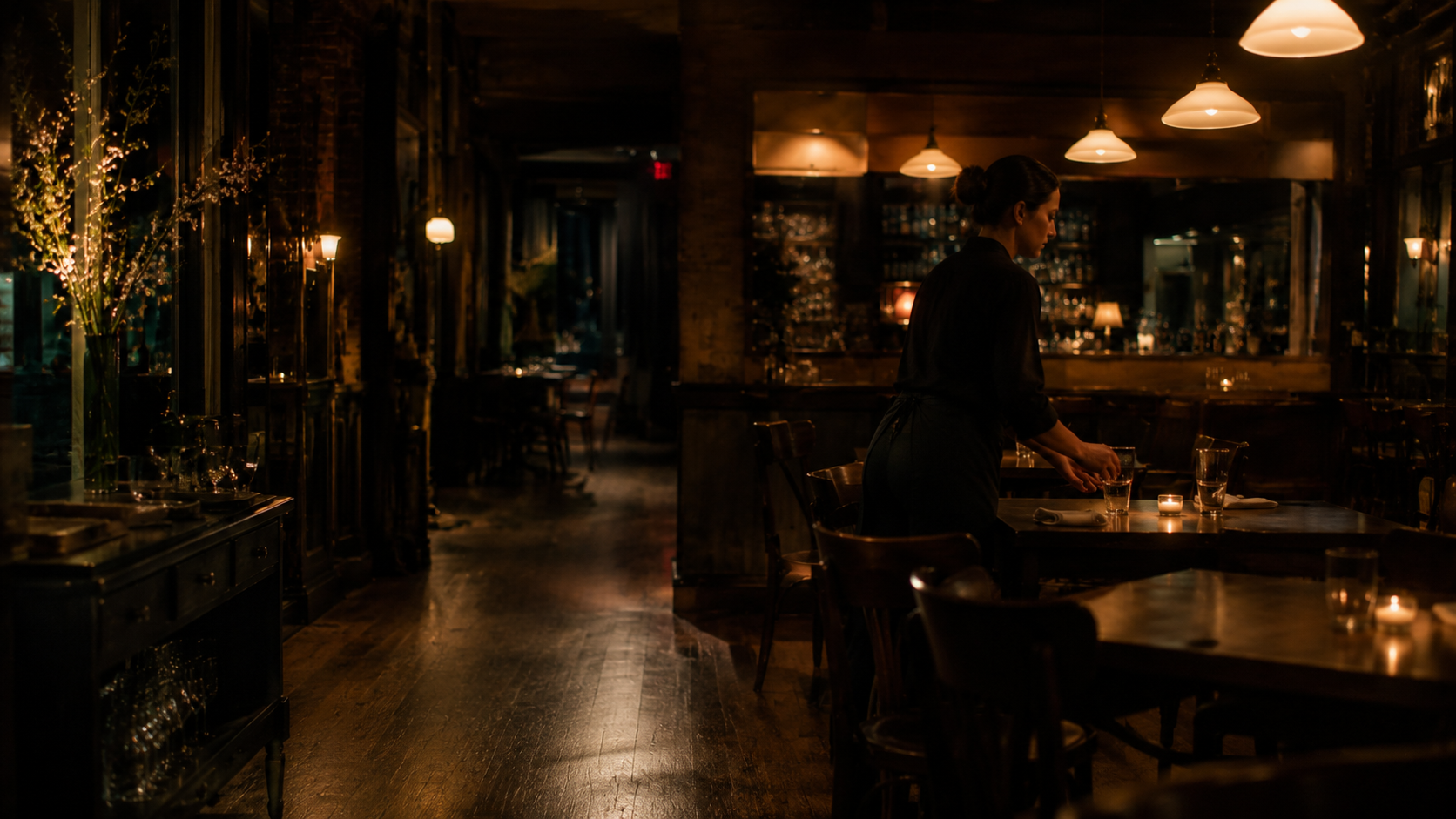Hospitality worker quietly clearing the final table after closing time.