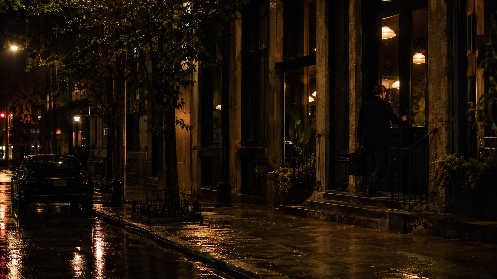 Quiet wet street outside a restaurant after closing, with warm light spilling onto the sidewalk.