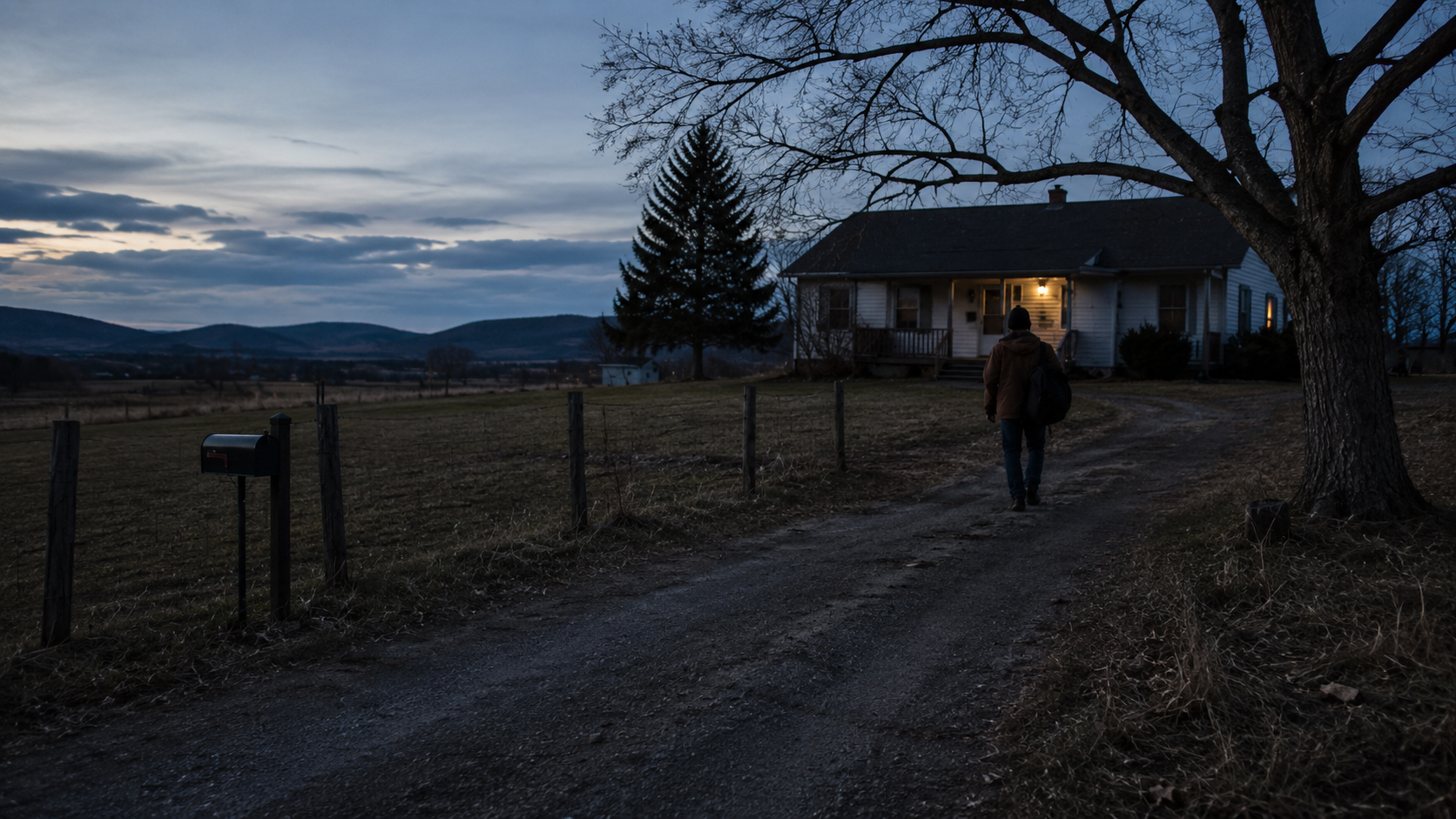 Quiet documentary frame of a traveler approaching a modest rural home at dusk in The Long Way Home.