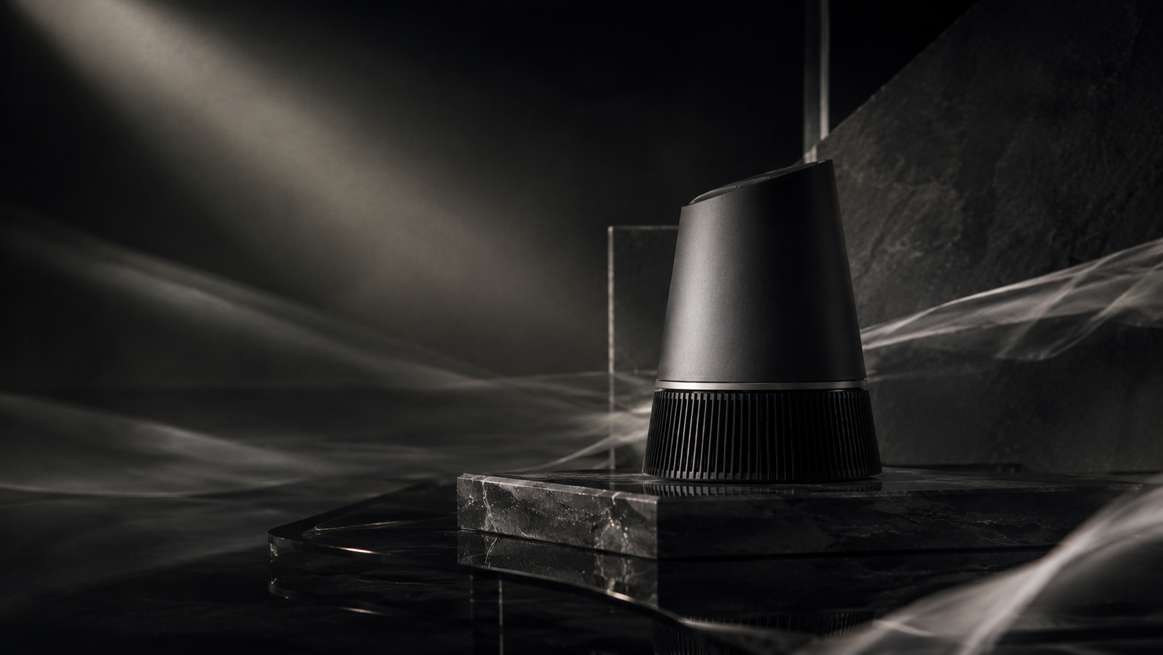 Final polished commercial frame showing the static premium product in a dark controlled studio with refined atmosphere and reflections.
