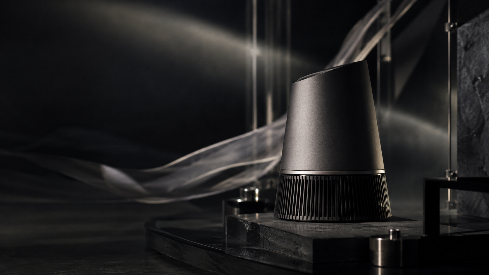 Premium anonymous product surrounded by controlled motion, haze, and studio reflections in the Static / Motion commercial film.