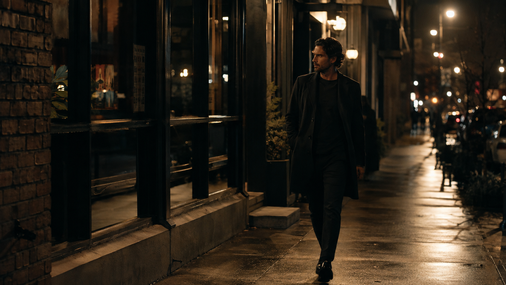 Cinematic nighttime commercial film scene on a city sidewalk