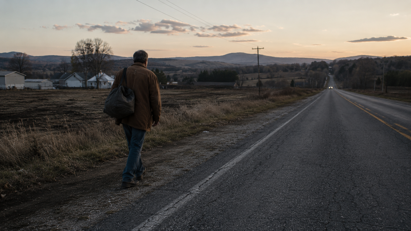 Documentary film scene of a traveler walking beside a rural road at dusk