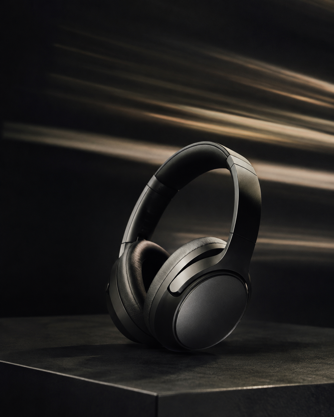 Dark cinematic product-film image of premium over-ear headphones