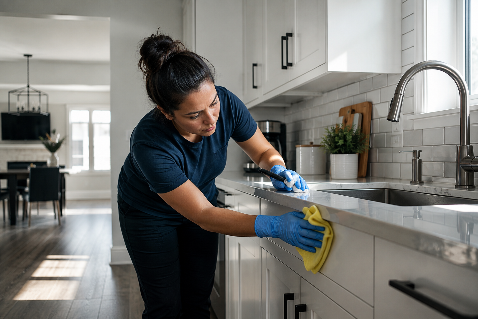 Professional cleaner performing a detailed kitchen clean