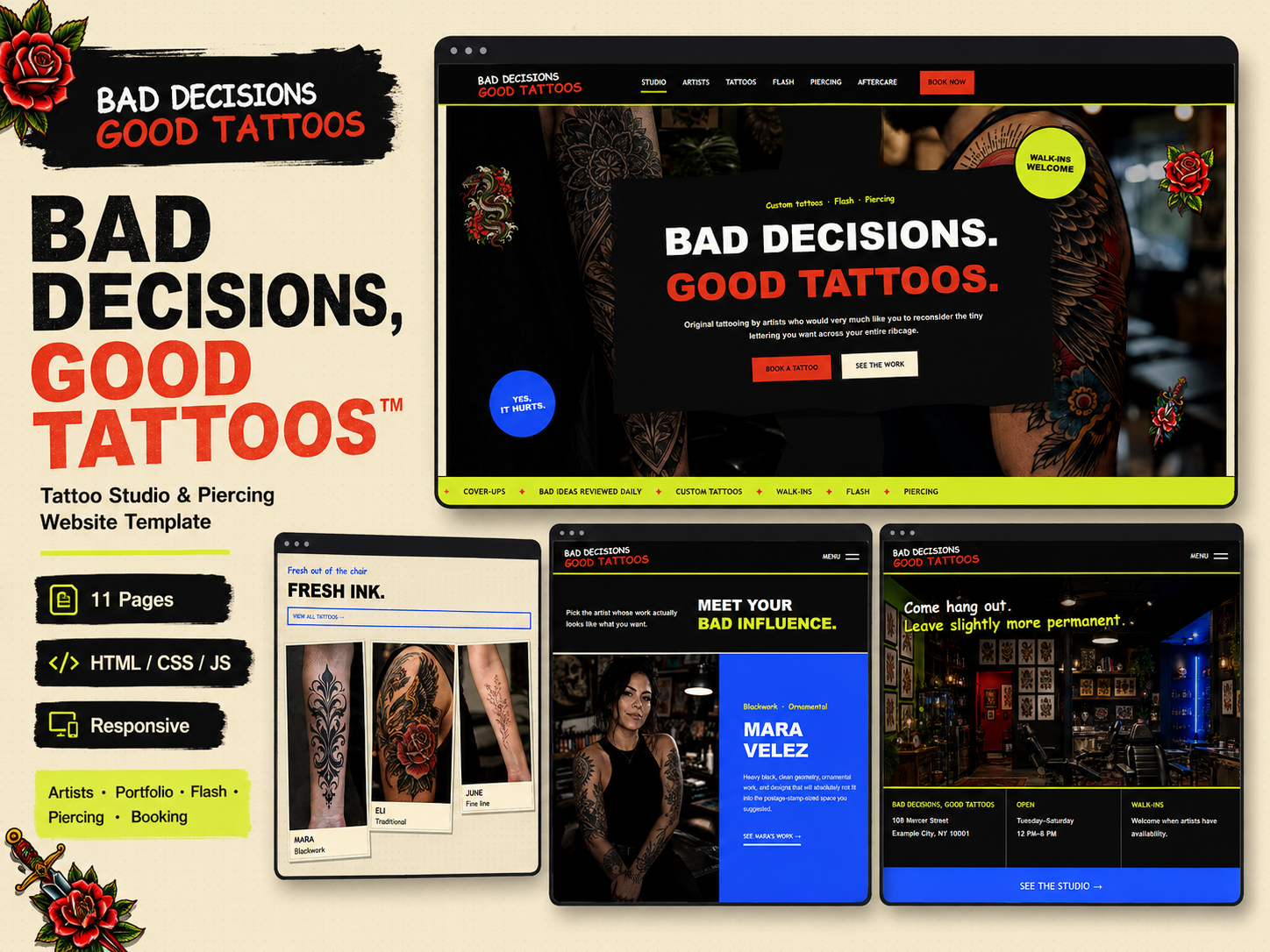 Preview of BAD DECISIONS, GOOD TATTOOS™ — Tattoo Studio & Piercing Website Template