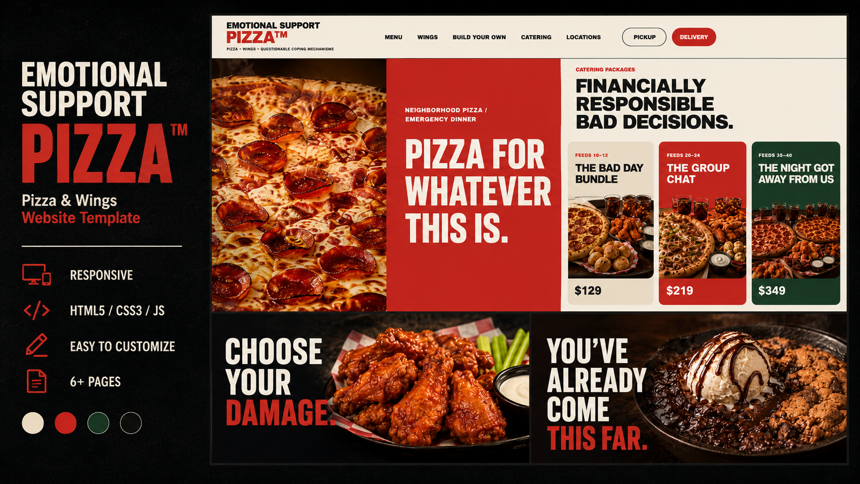 Preview of EMOTIONAL SUPPORT PIZZA™ — Pizza & Wings Restaurant Website Template