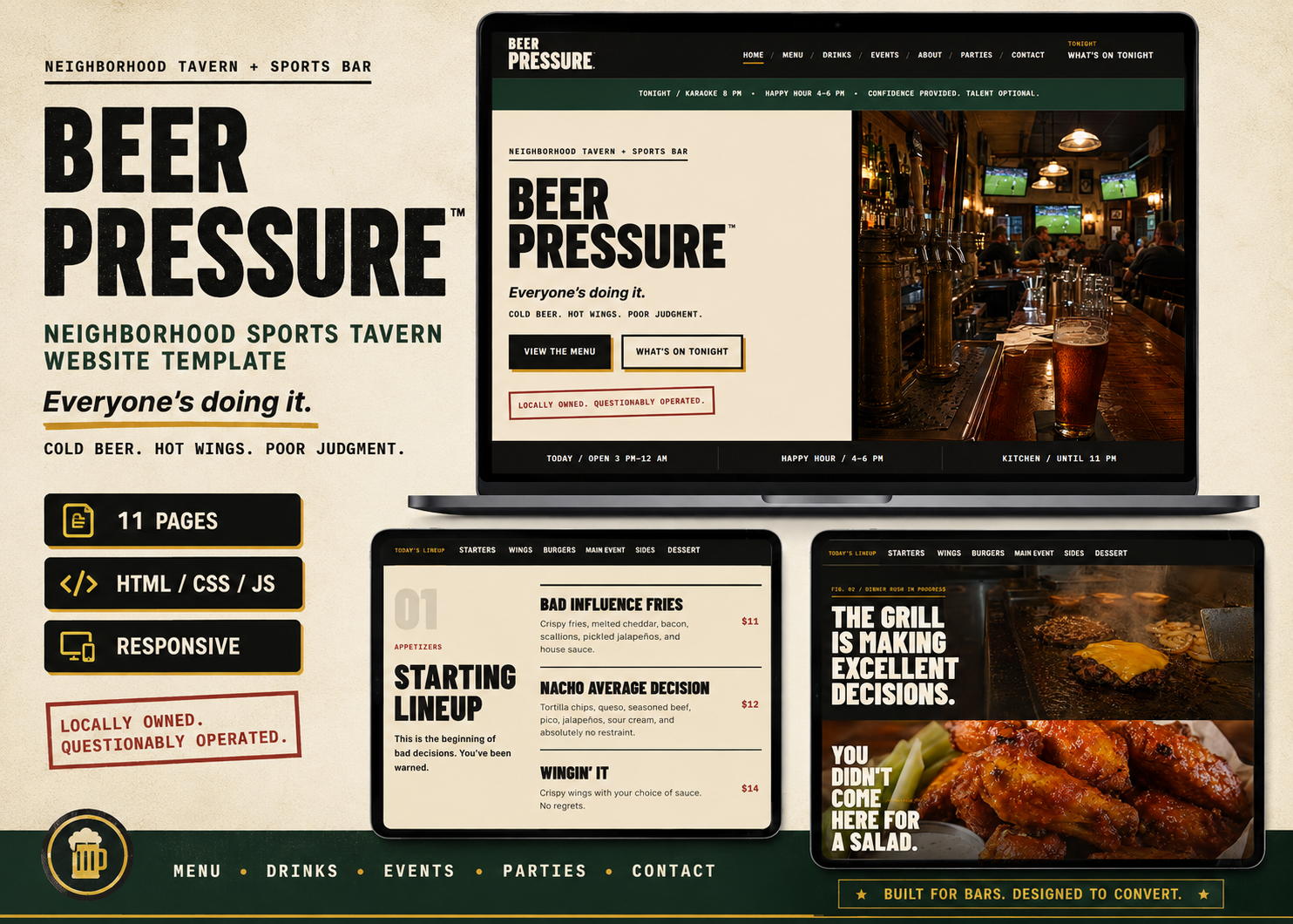 Preview of BEER PRESSURE™ — Neighborhood Sports Tavern Website Template