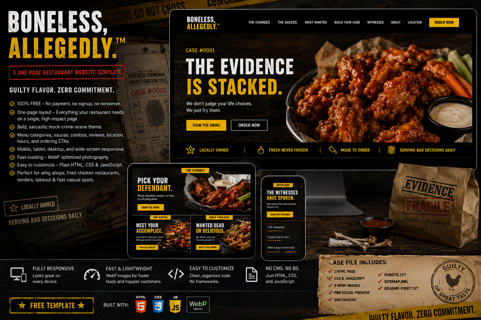 Preview of BONELESS, ALLEGEDLY.™ — Free Wing & Fried Chicken Restaurant Website Template