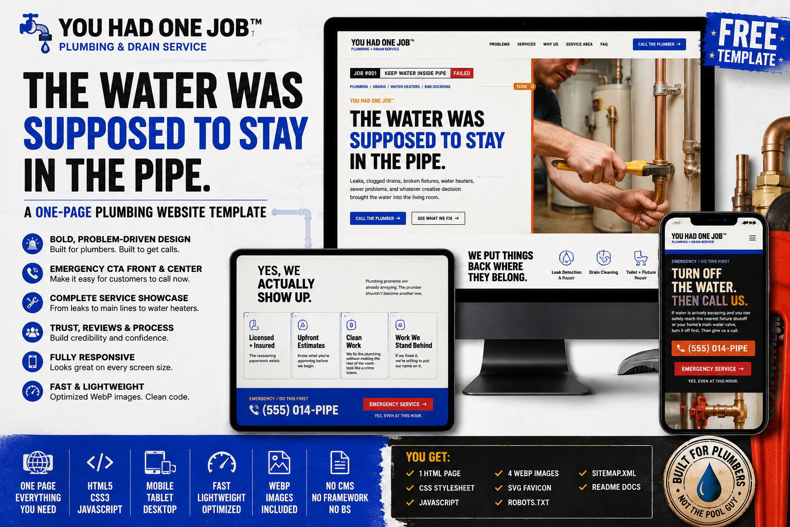 Preview of YOU HAD ONE JOB™ — Free Plumbing & Drain Service Website Template