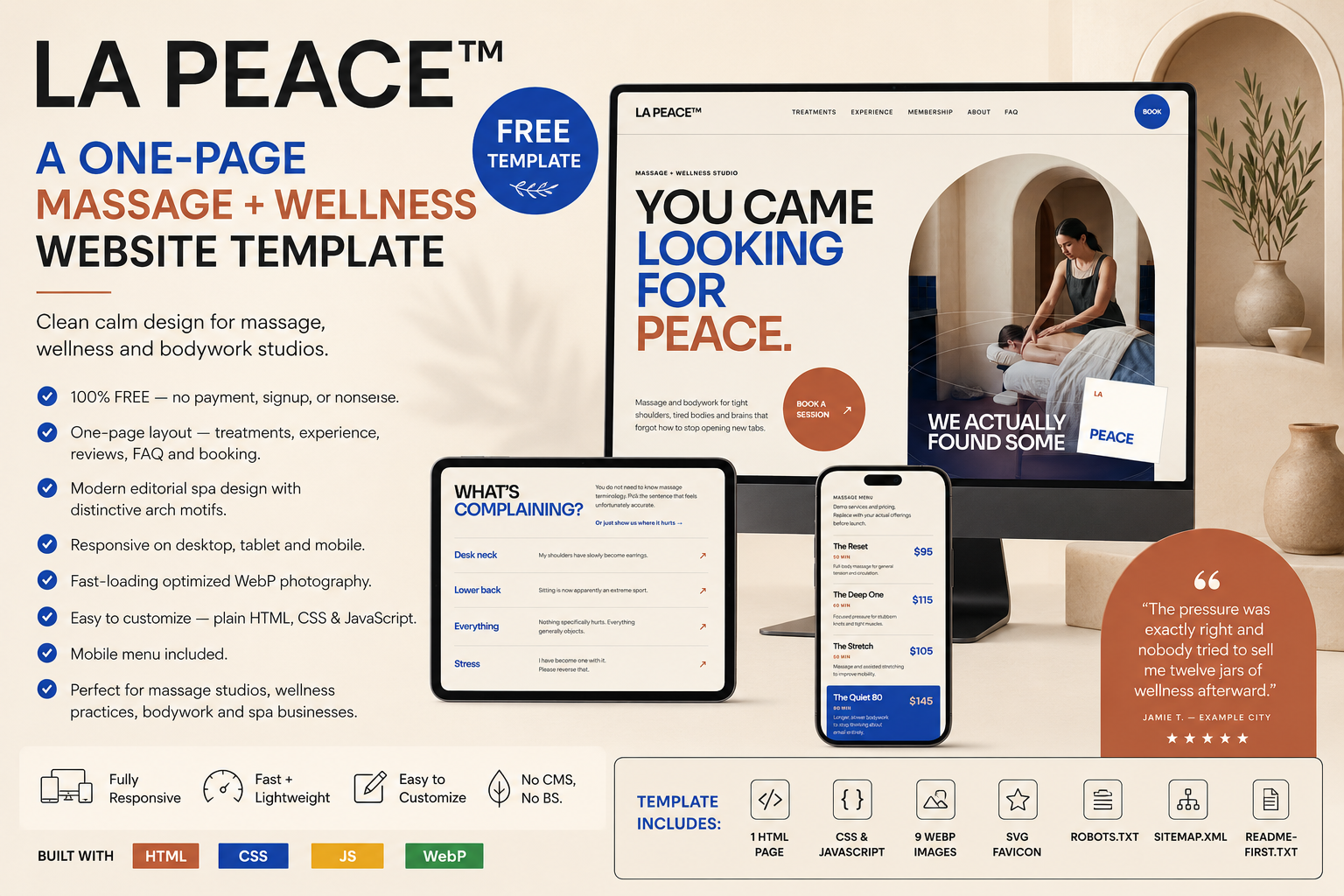 Preview of LA PEACE™ — Free Massage + Wellness Studio Website Template