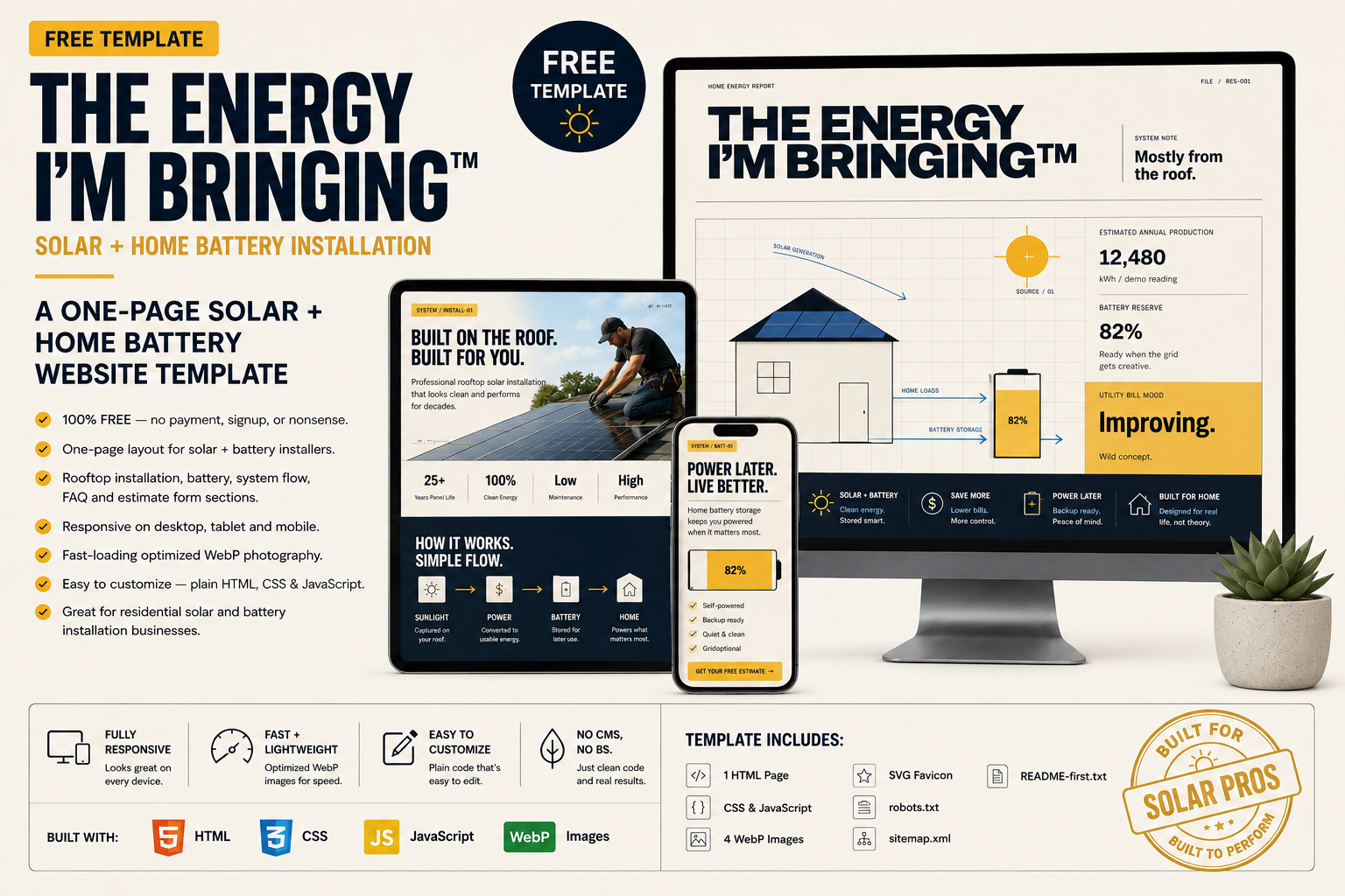 Preview of THE ENERGY I’M BRINGING™ — Free Solar + Home Battery Website Template