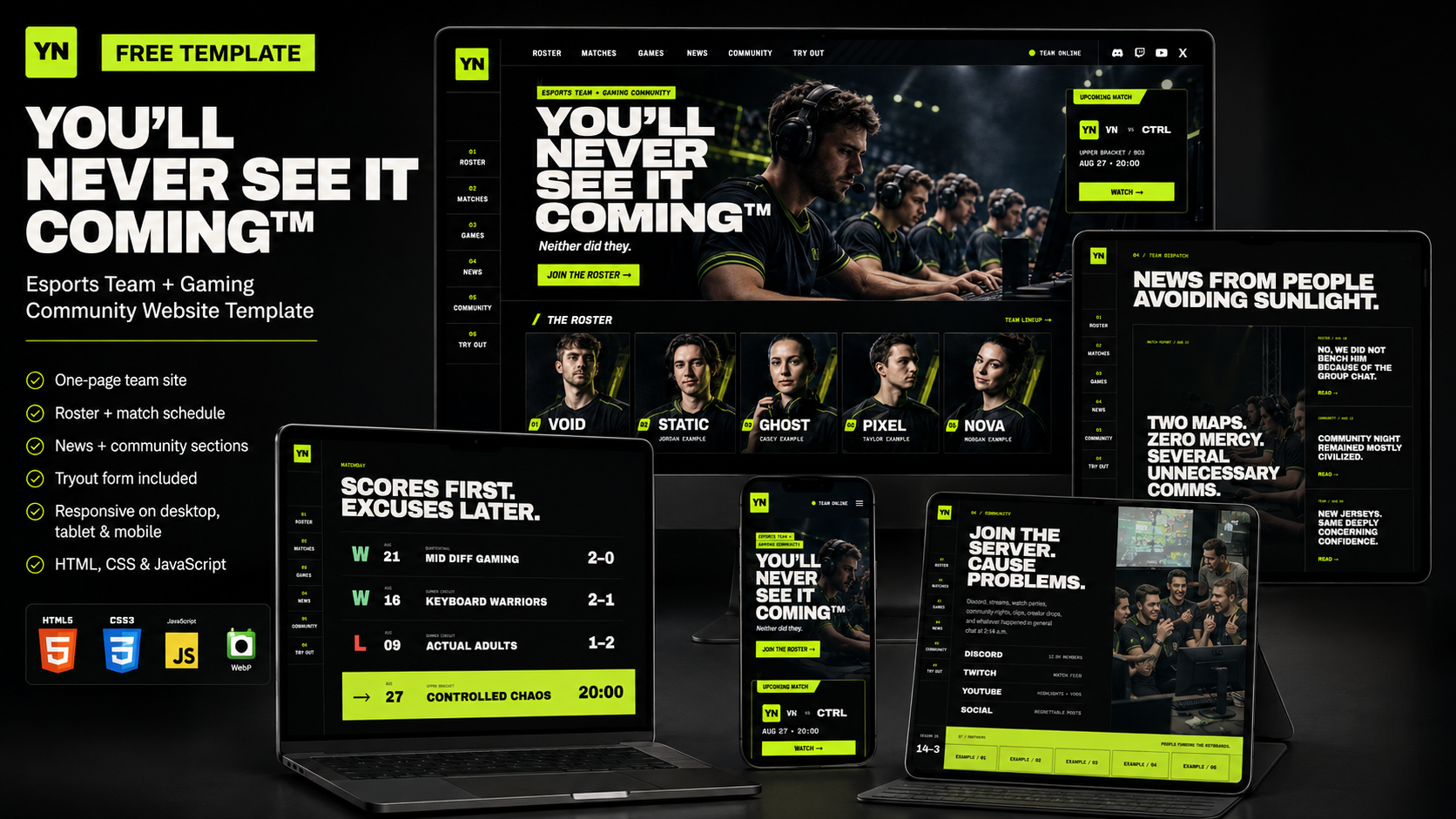 Preview of YOU’LL NEVER SEE IT COMING™ — Free Esports Team + Gaming Community Website Template